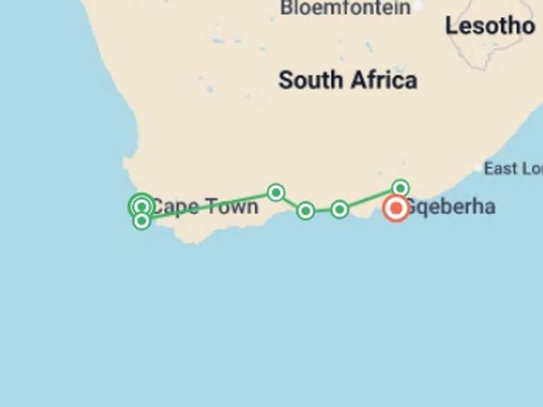 Map itinerary of Africa Tour in June 2026 with 7 destination visits for the trip: Cape Town, Garden Route & Safari - 11 days