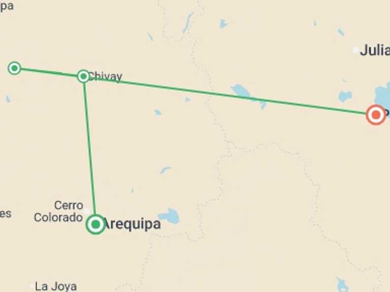 Map itinerary of Arequipa Tour in February 2026 with 4 destination visits for the trip: 3-day Colca Canyon Trek & trf Puno - Shared Room - Transp/Guide