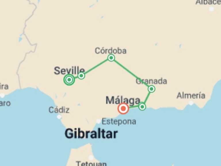 Map of Malaga Explorer Tour with 4 destination visits for the trip: Route of the Andalusian Sun
