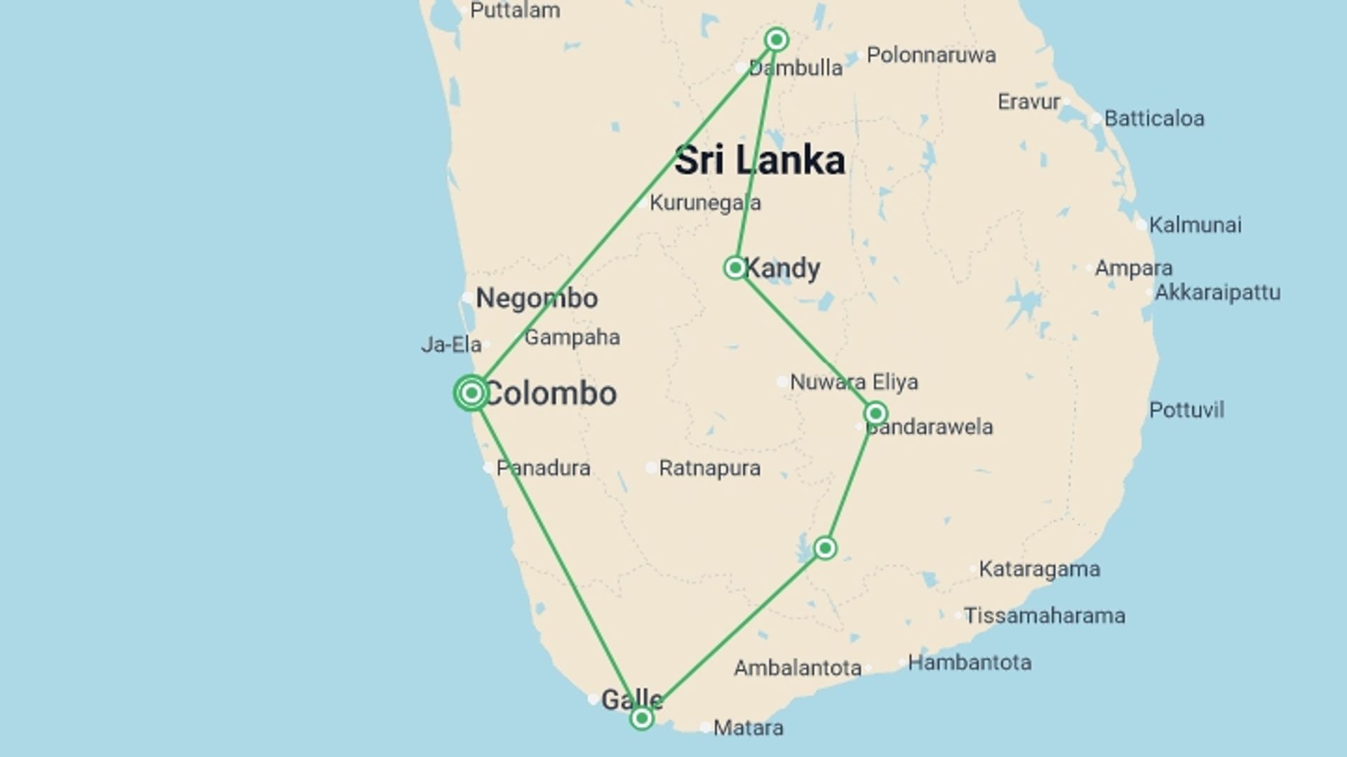 A map showing the tour itinerary for the trip: Pure Sri Lanka, starting in Colombo, Sri Lanka and ending in Colombo, Sri Lanka going through 6 other destinations.