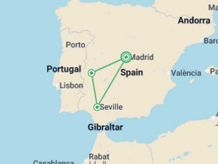 Map itinerary of Spain Tour in Winter with 2 destination visits for the trip: 2-day Merida And Seville From Madrid (c-421)