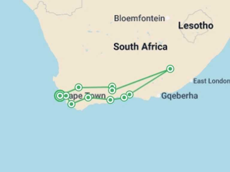 Map itinerary of Africa Tour in April 2027 with 6 destination visits for the trip: Cape Town & the Garden Route