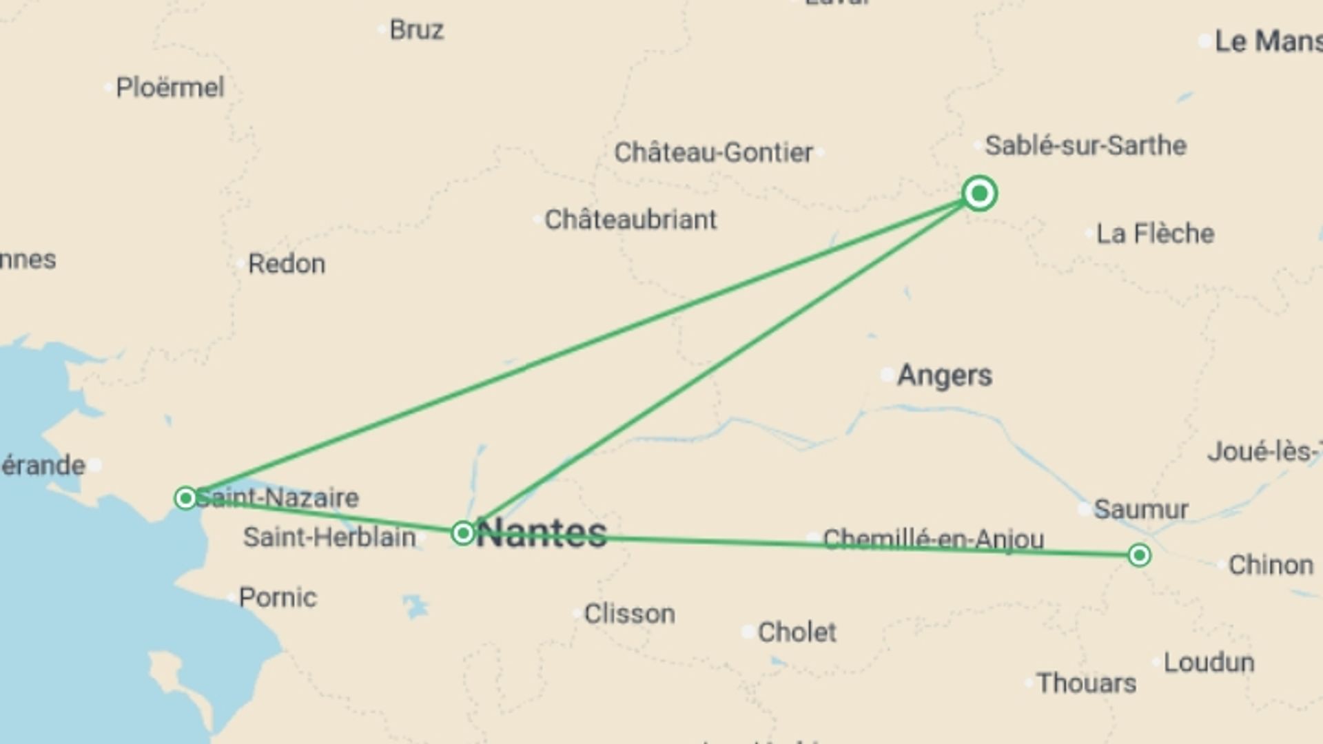 A map showing the tour itinerary for the trip: The Loire: between cultural immersion, traditional folklore and local flavors (port-to-port cruise), starting in Pays de la Loire, France and ending in Pays de la Loire, France going through 3 other destinations.