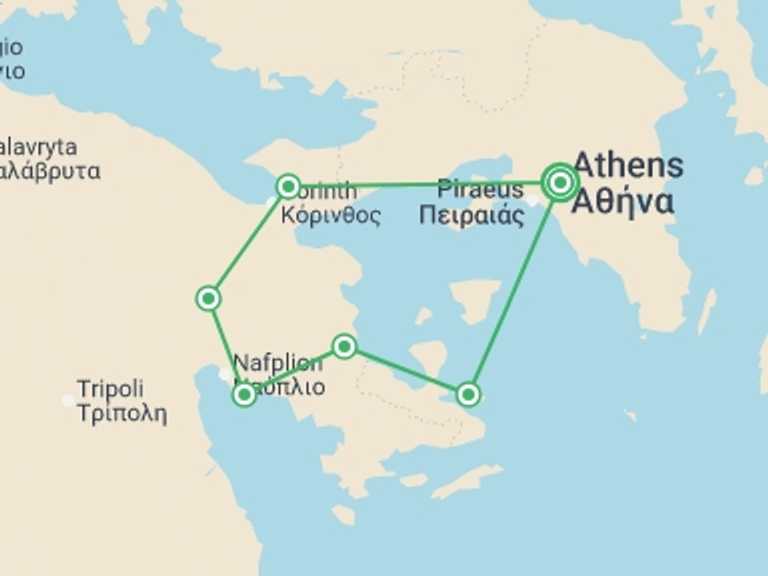 Map itinerary of Mediterranean Tour in May 2026 with 6 destination visits for the trip: Cycling in Greece