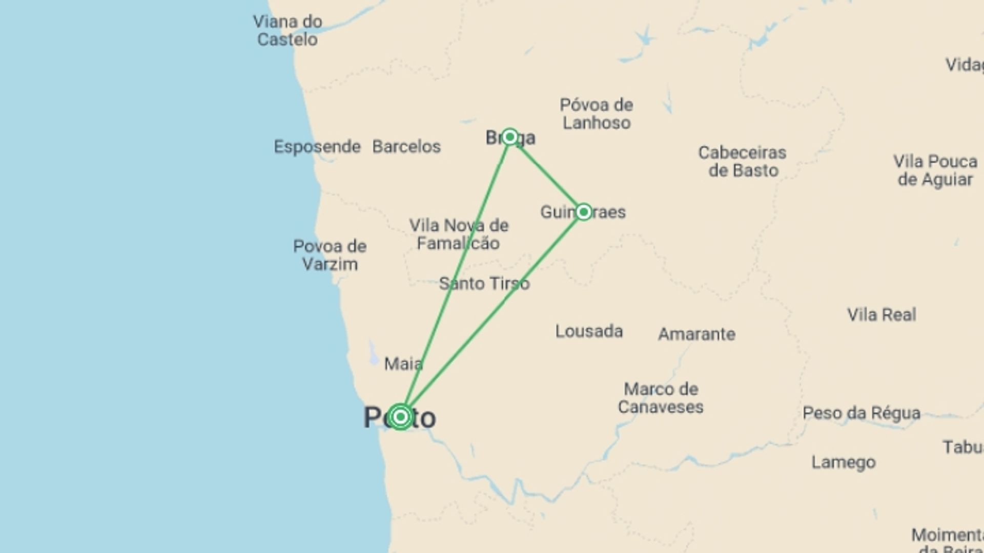A map showing the tour itinerary for the trip: Porto City Break, 6 Days, starting in undefined, Portugal and ending in undefined, Portugal going through 0 other destinations.