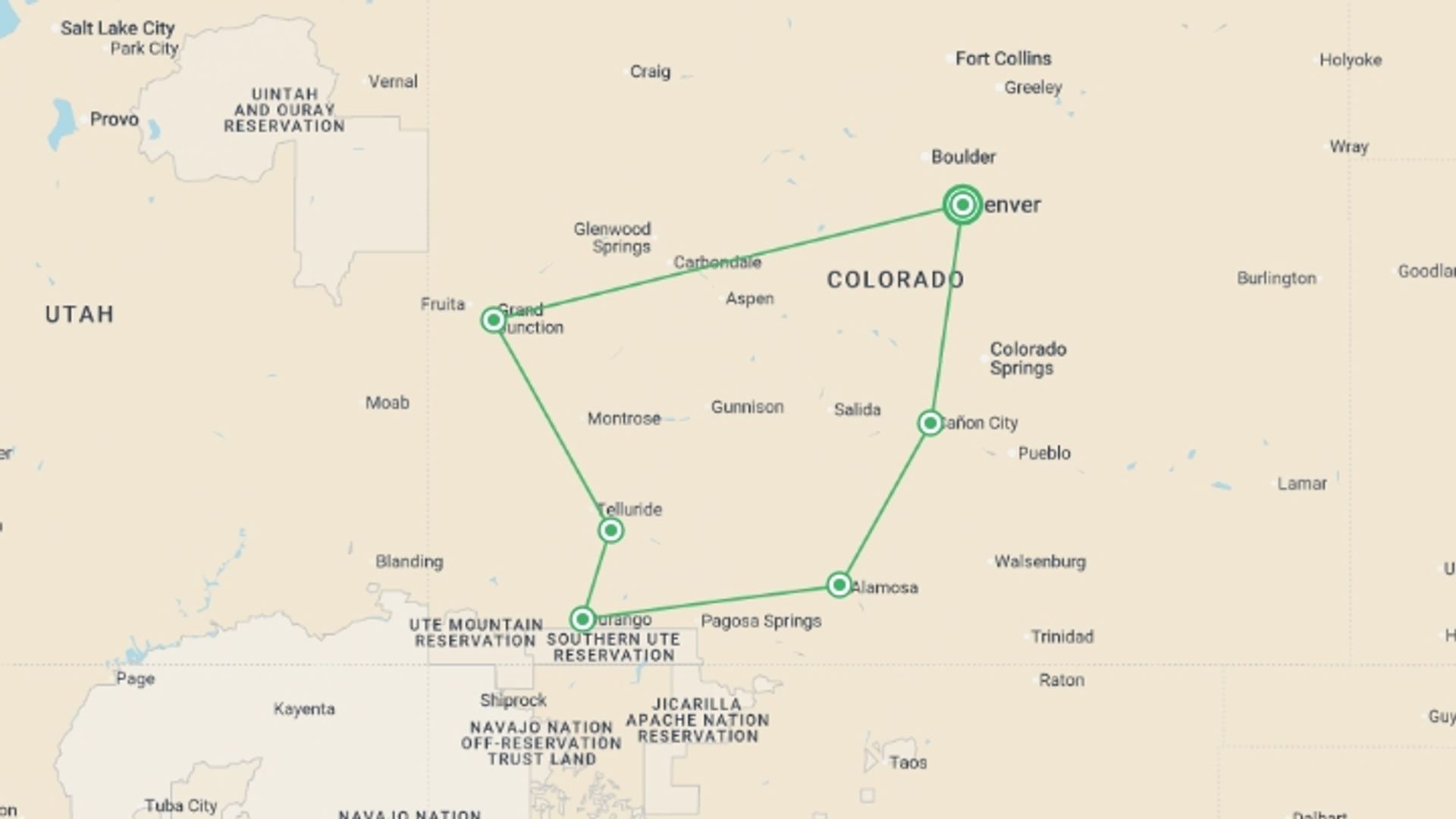 A map showing the tour itinerary for the trip: Colorado & Old West Railroads - 6 days, starting in Denver, USA and ending in Denver, USA going through 4 other destinations.