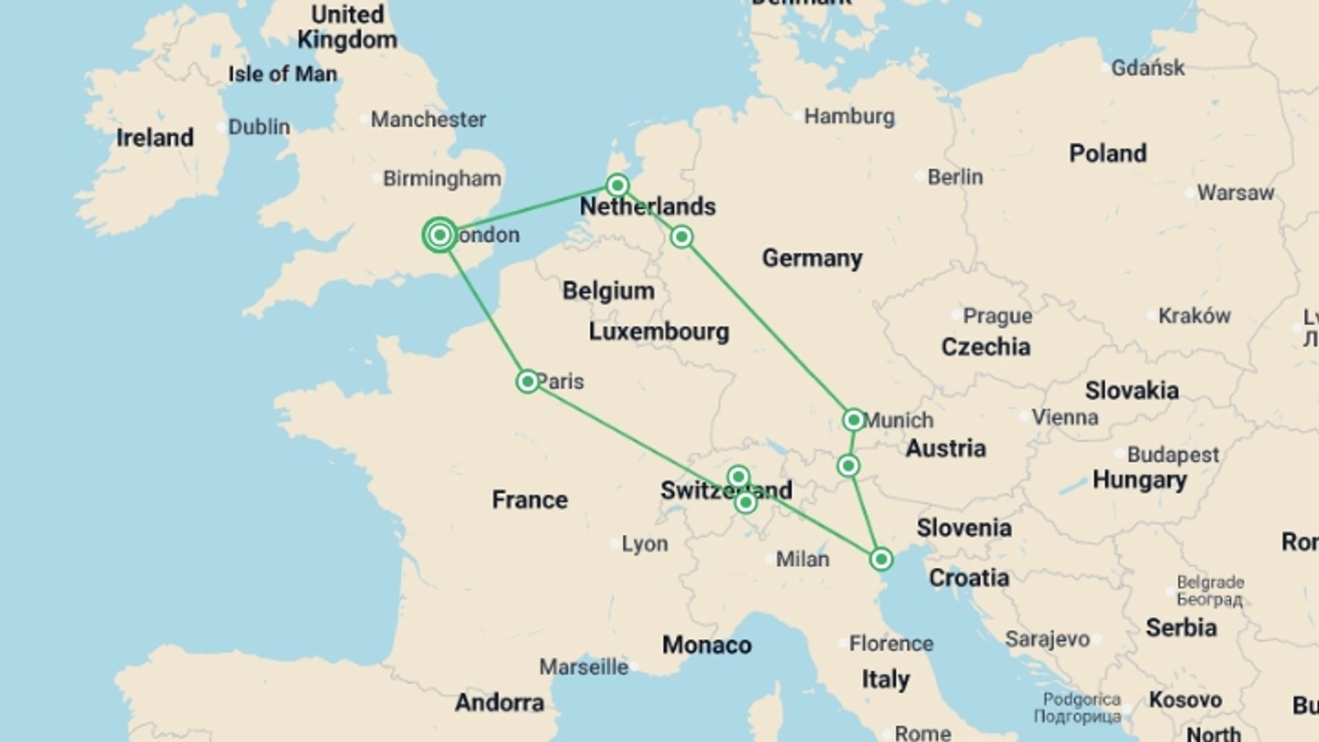 A map showing the tour itinerary for the trip: European Horizon, starting in London, England and ending in London, England going through 6 other destinations.