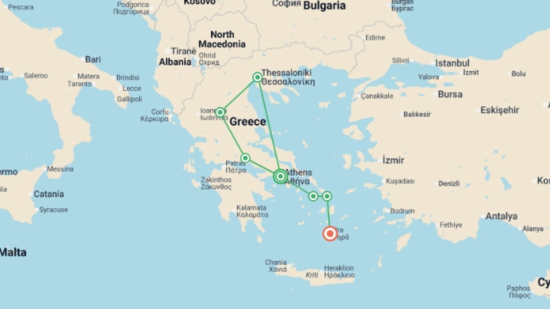 A map showing the tour itinerary for the trip: Best of Greece, starting in Athens, Greece and ending in Santorini, Greece going through 5 other destinations.