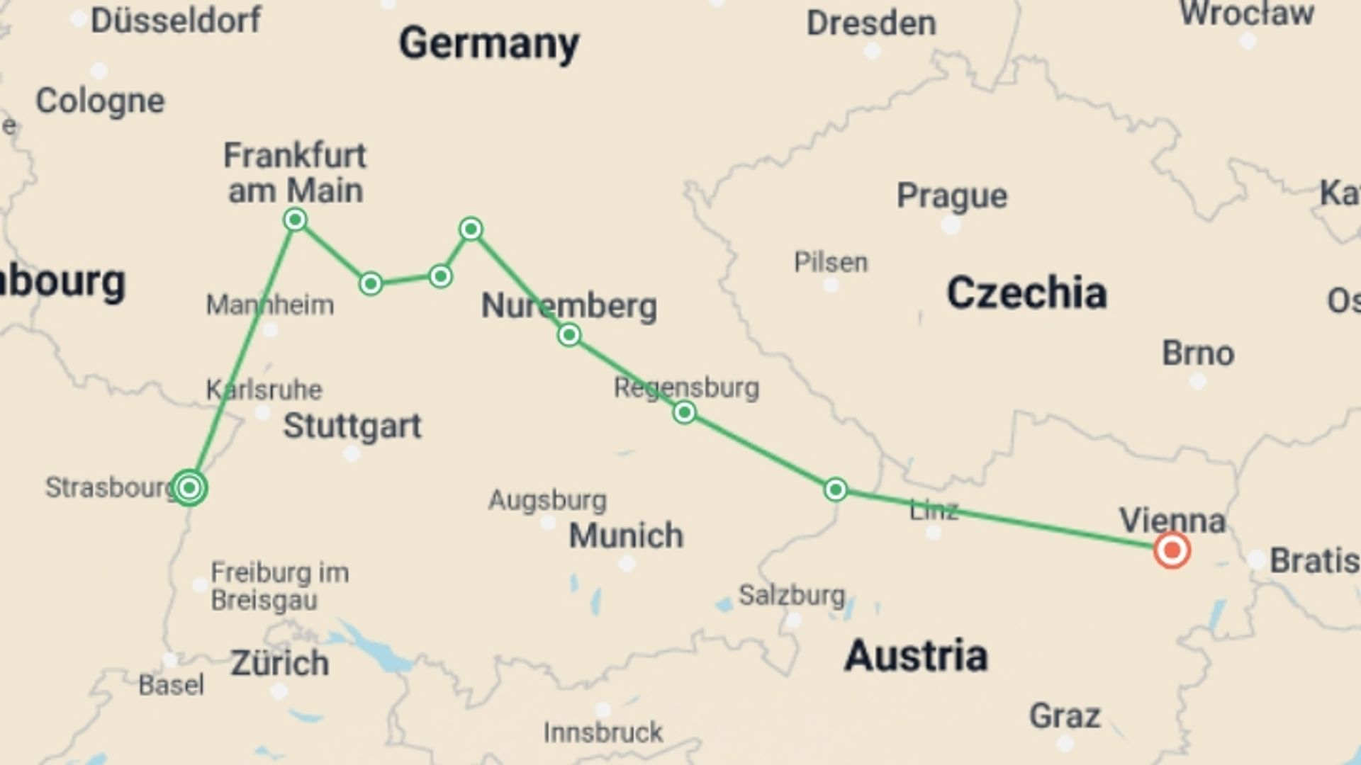 A map showing the tour itinerary for the trip: Cruise through the Heart of Europe from the Rhine to the Danube (port-to-port cruise), starting in Strasbourg, France and ending in Vienna, Austria going through 7 other destinations.