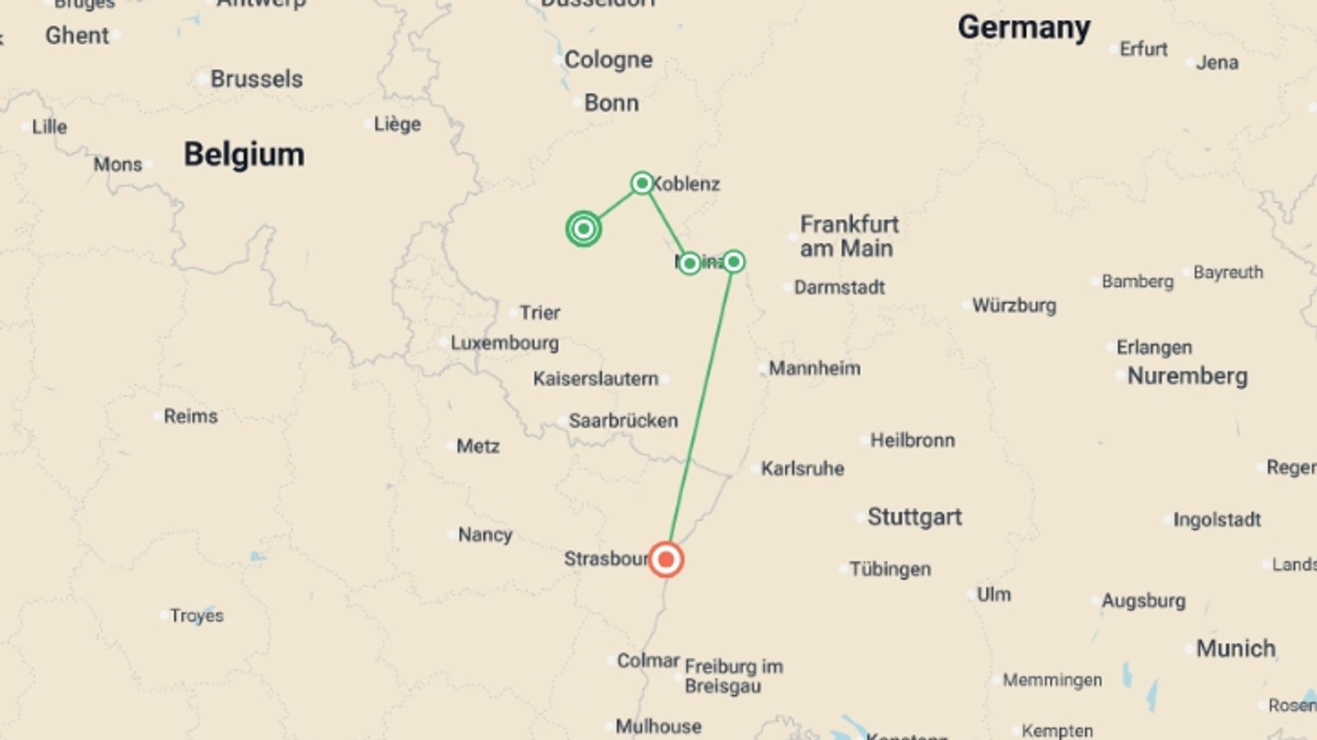 A map showing the tour itinerary for the trip: The Rhine & Moselle, starting in Cochem, Germany and ending in Strasbourg, France going through 3 other destinations.