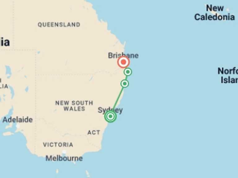 Map of Oceania Tour with 5 destination visits for the trip: Sydney to Brisbane Experience: Bushwalks & Surfing
