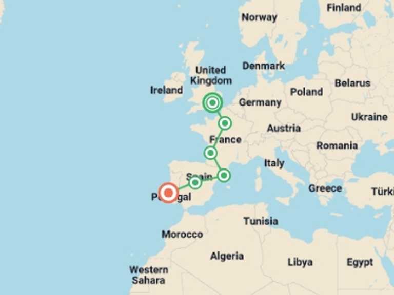 Map itinerary of Europe Tour in Fall with 6 destination visits for the trip: London to Lisbon: Western Wonders 