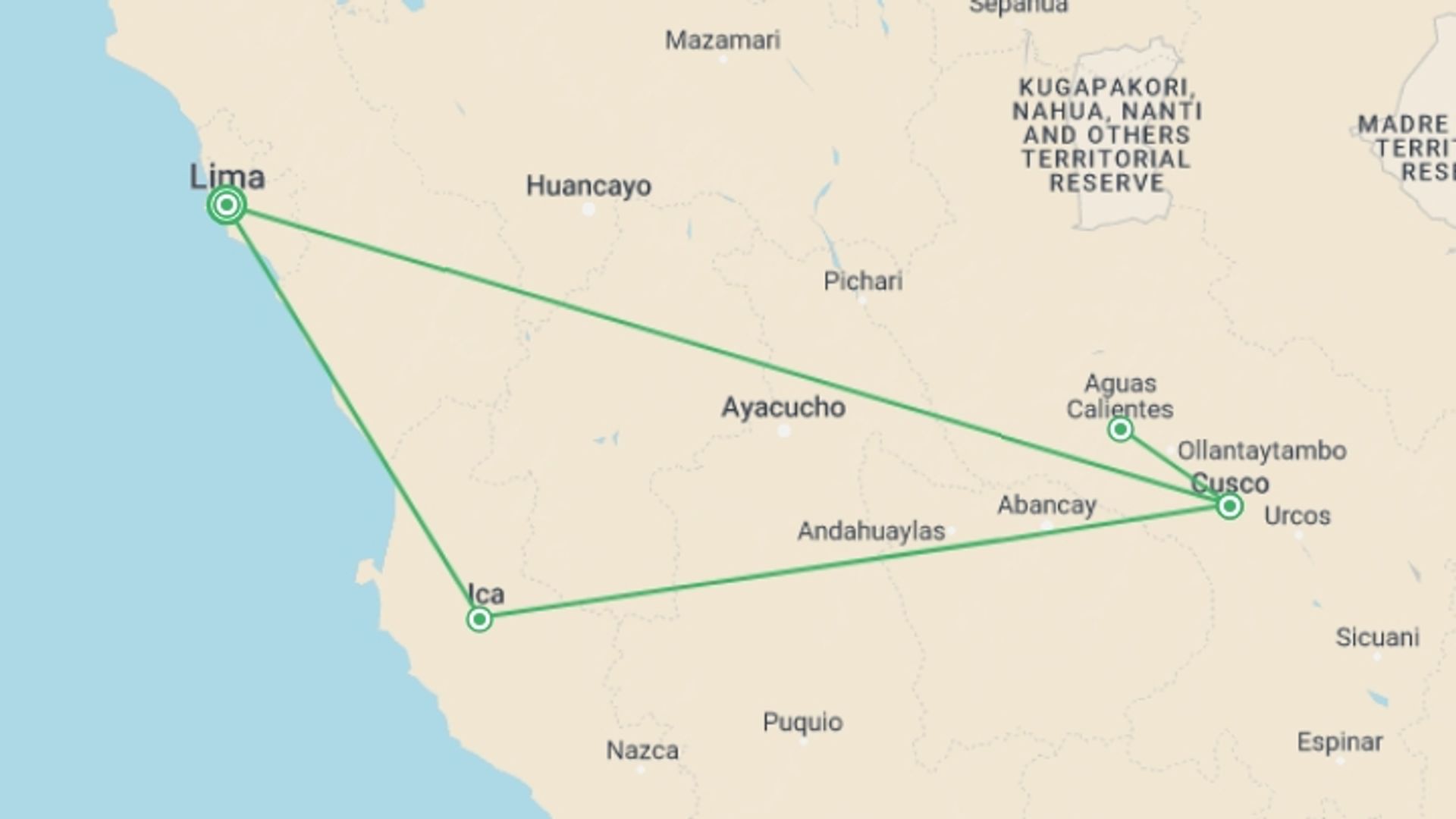 A map showing the tour itinerary for the trip: Peru Trip: 12 Days - FnEZ EVOLUTION 25+, starting in Lima, Peru and ending in Lima, Peru going through 2 other destinations.