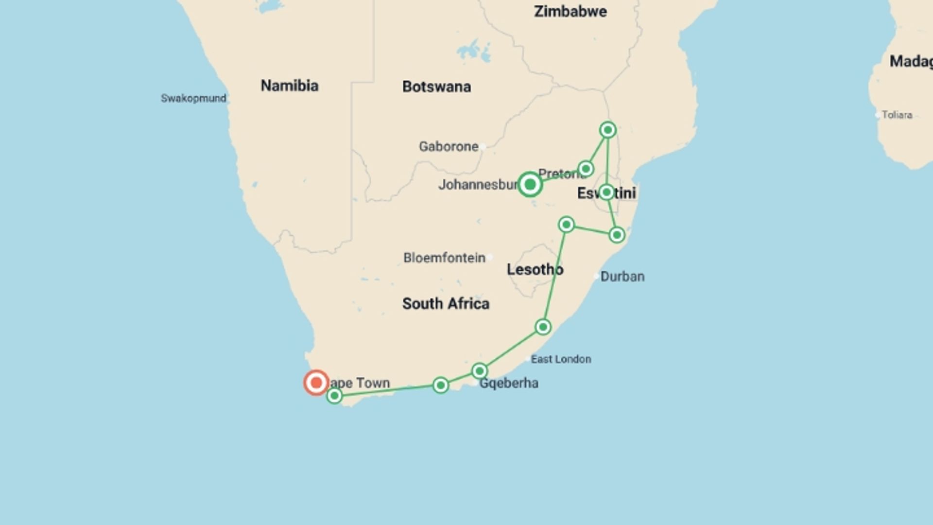 A map showing the tour itinerary for the trip: South Africa Encompassed, starting in Johannesburg, South Africa and ending in Cape Town, South Africa going through 12 other destinations.