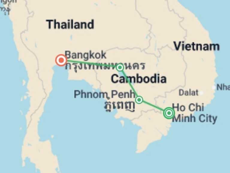 Map of 11-Day Ho Chi Minh City Tour with 4 destination visits for the trip: Saigon to Bangkok - 11 days