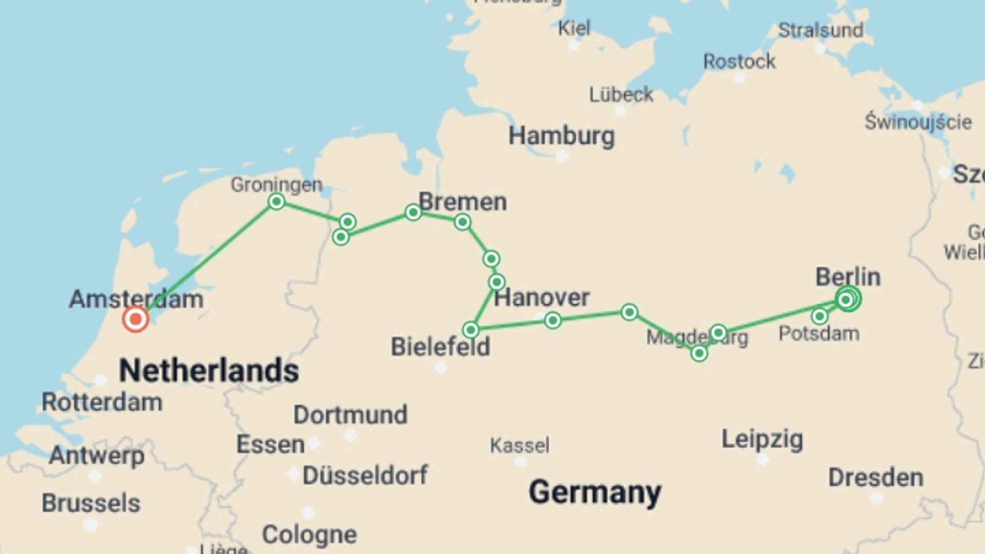 A map showing the tour itinerary for the trip: From Berlin to Amsterdam (port-to-port cruise), starting in Berlin, Germany and ending in Amsterdam, Holland going through 8 other destinations.