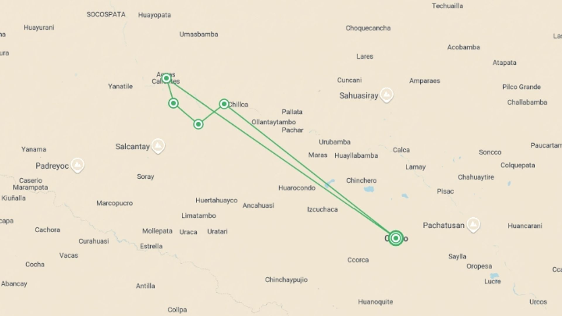 A map showing the tour itinerary for the trip: Five-Day Inca Trail to Machu Picchu – Private Service, starting in Cusco, Peru and ending in Cusco, Peru going through 3 other destinations.
