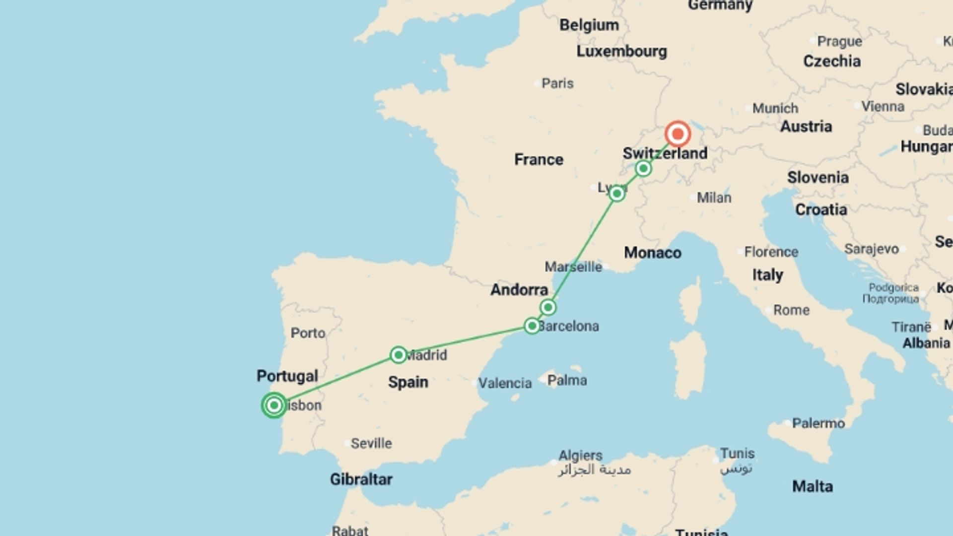A map showing the tour itinerary for the trip: Lisbon to Zurich, starting in Lisbon, Portugal and ending in Zurich, Switzerland going through 5 other destinations.