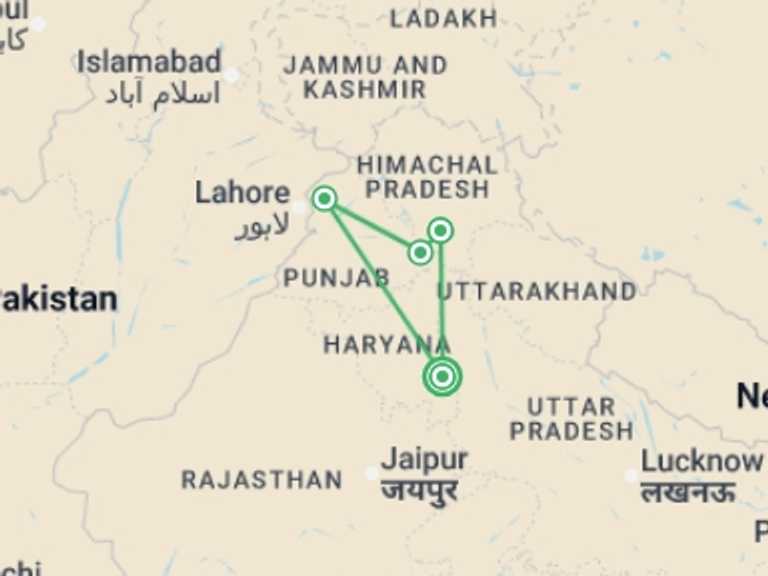 Map itinerary of Asia Tour in January 2027 with 4 destination visits for the trip: Shimla & Amritsar Highlights - 7 days