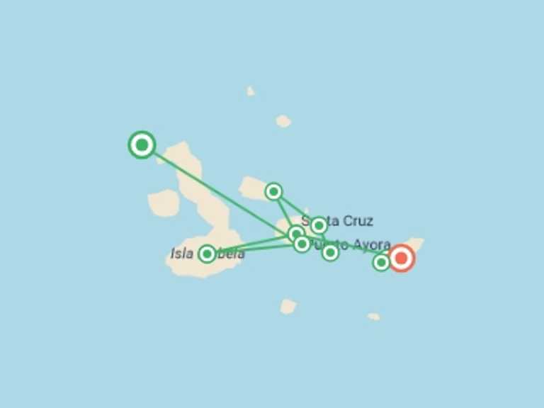 Map itinerary of Ecuador Tour in October 2026 with 5 destination visits for the trip: Galapagos Island Hopping Adventure 7D/6N