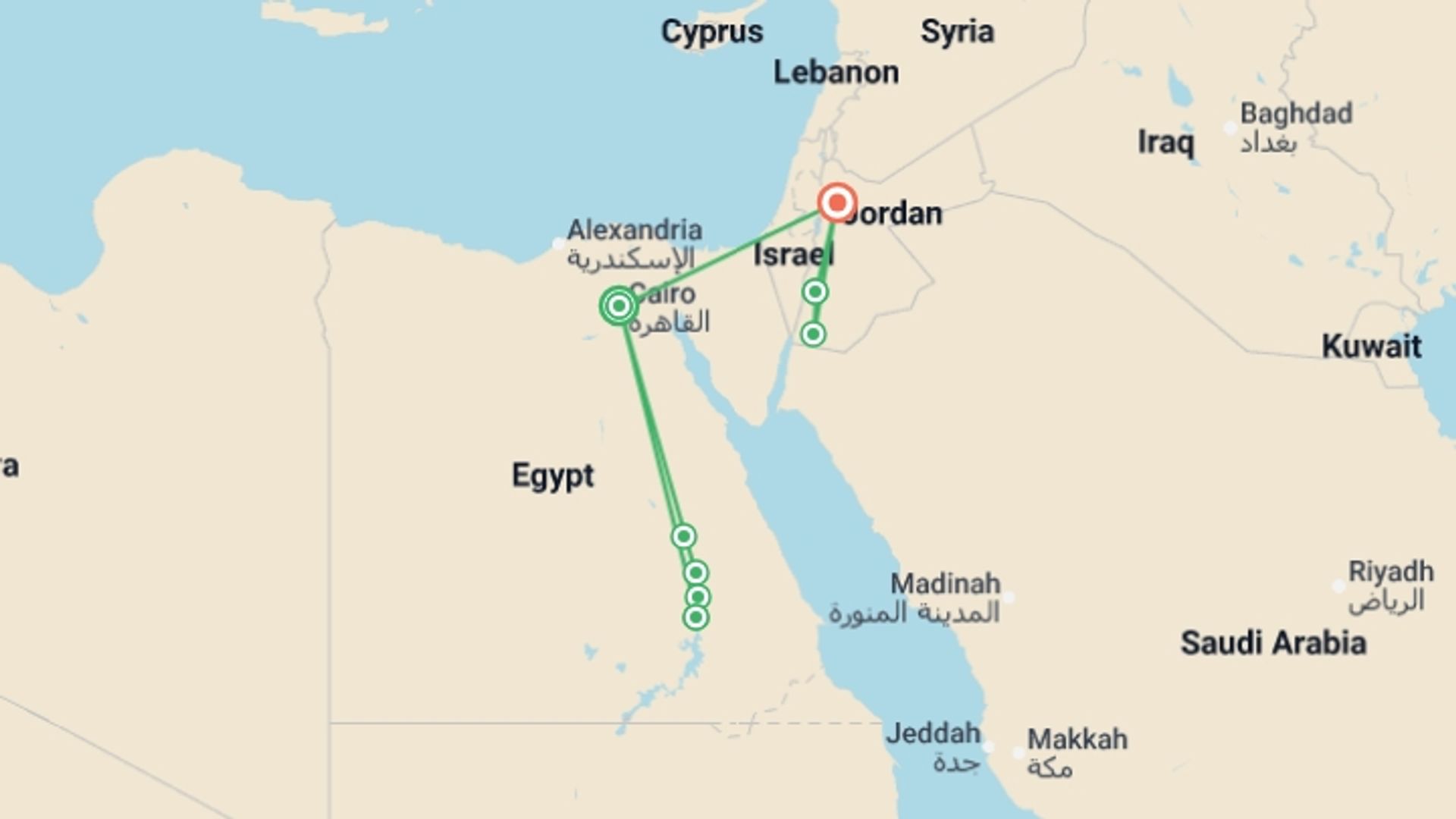 A map showing the tour itinerary for the trip: Highlights of Egypt and Jordan, starting in Cairo, Egypt and ending in Amman, Jordan going through 4 other destinations.