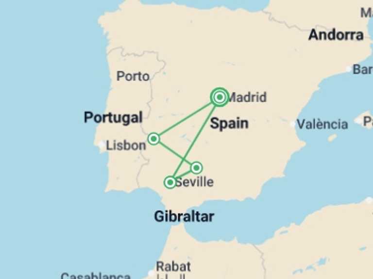 Map itinerary of Spain Tour in November 2026 with 3 destination visits for the trip: Merida, Cordoba & Seville - 4 days
