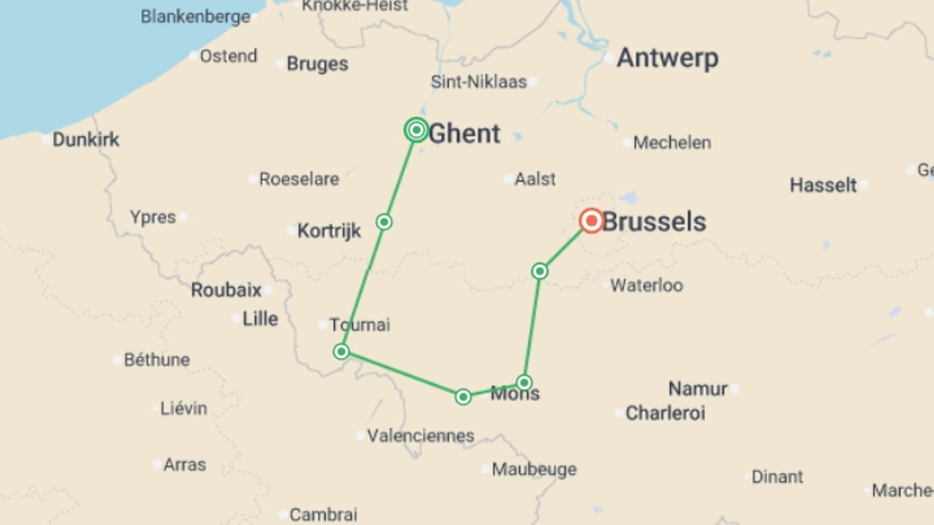 A map showing the tour itinerary for the trip: Indulge in Art, Heritage, and Flavors on a Cruise along Belgian Canals (port-to-port cruise), starting in Ghent, Belgium and ending in Brussels, Belgium going through 5 other destinations.