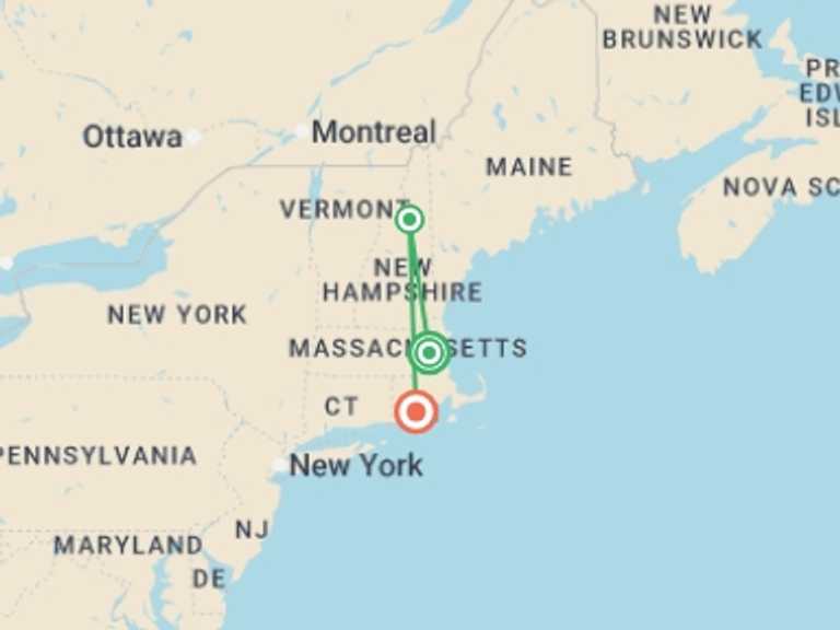 Map of USA Tour with 4 destination visits for the trip: New England Holiday