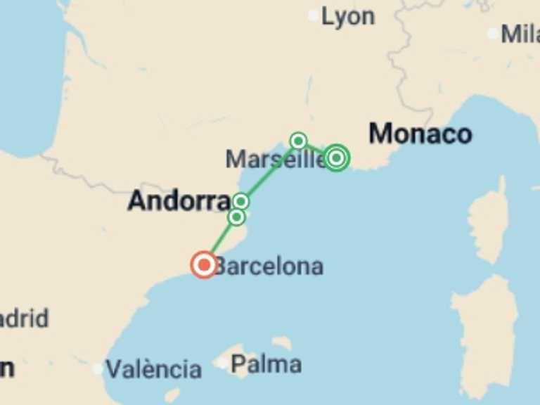 Map of France and Spain Tour with 7 destination visits for the trip: Cycle Marseille to Barcelona