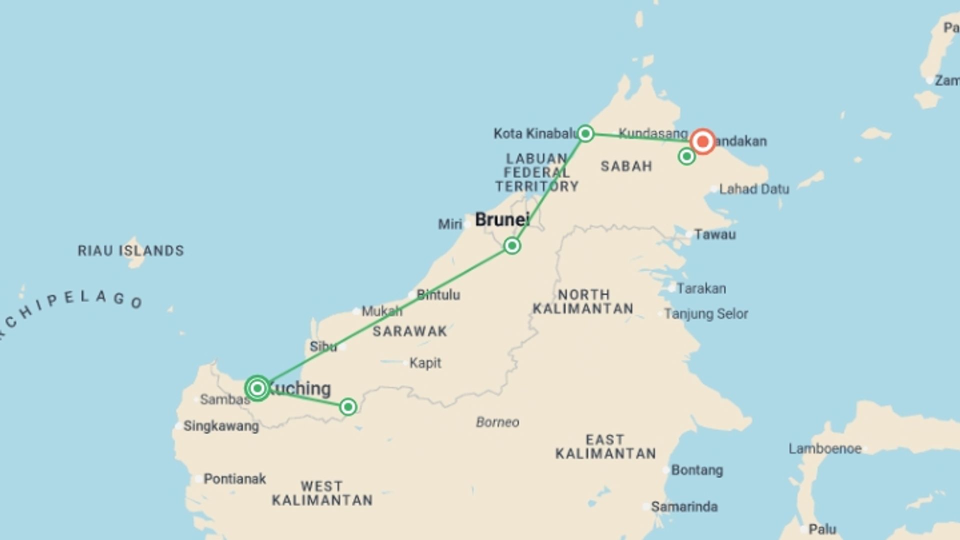 A map showing the tour itinerary for the trip: Premium Borneo in Depth, starting in undefined, Malaysia and ending in undefined, Malaysia going through 0 other destinations.