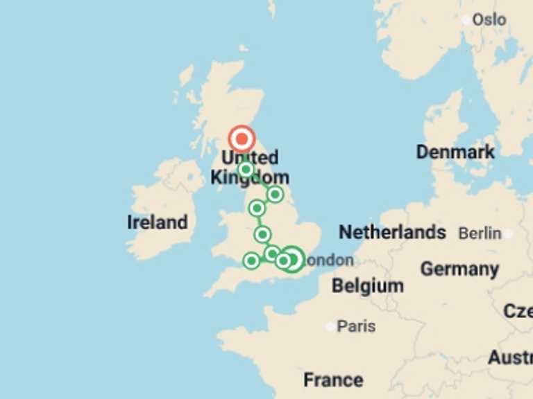 Map of Edinburgh Tour with 7 destination visits for the trip: England in a Week