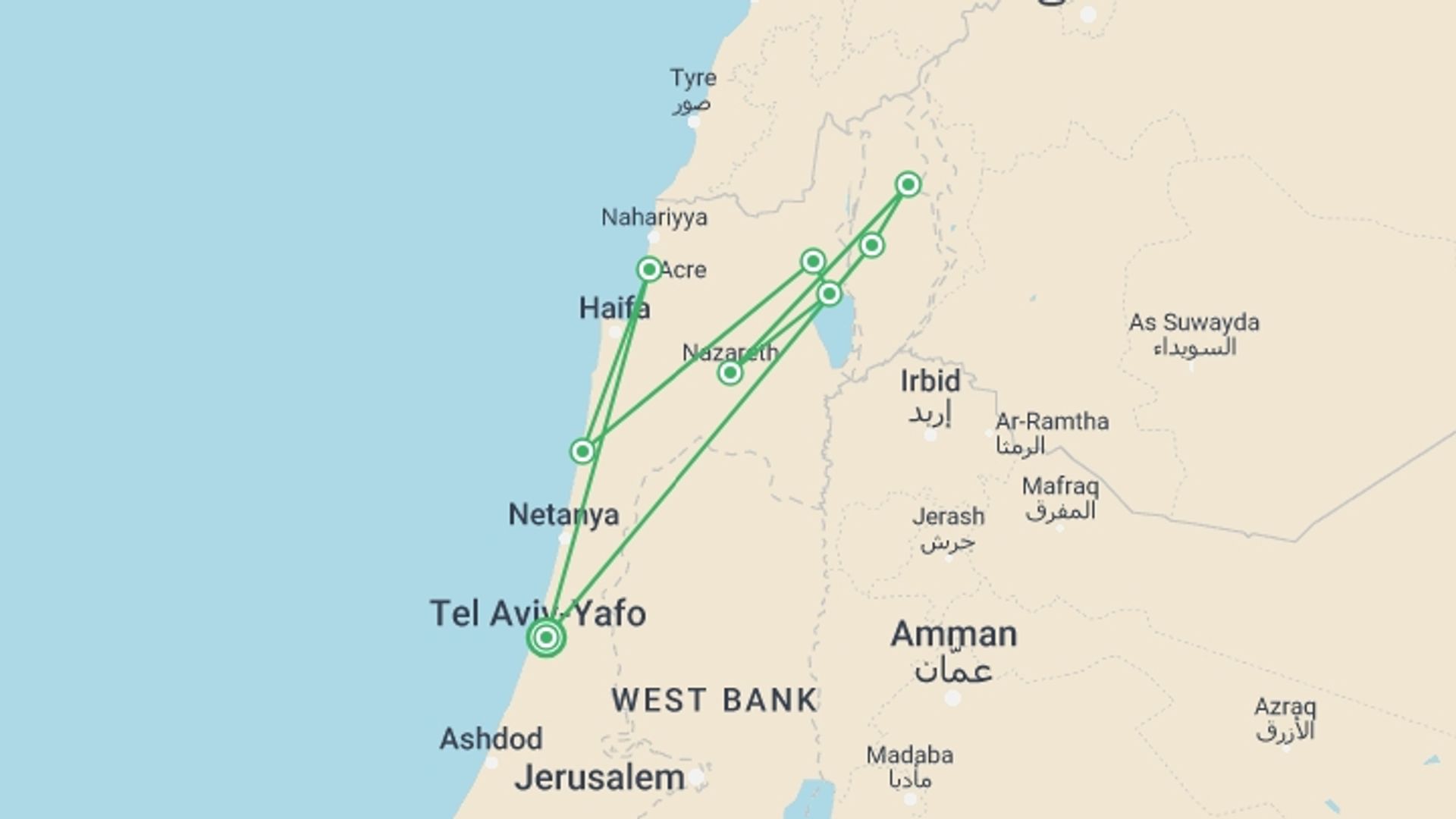 A map showing the tour itinerary for the trip: Nazareth, Caesarea And Golan Tour, 3 Days From Jerusalem, starting in Tel Aviv, Israel and ending in Tel Aviv, Israel going through 3 other destinations.