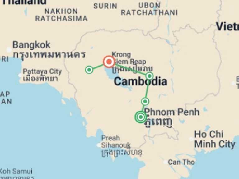 Map of 9-Day Indochina Tour with 4 destination visits for the trip: Captivating Cambodia - 9 days