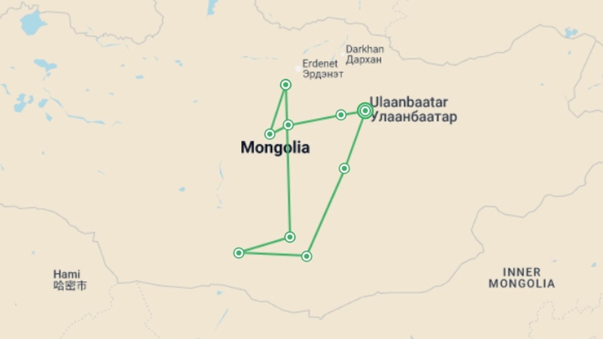 A map showing the tour itinerary for the trip: Mongolia Explorer, starting in Ulaanbaatar, Mongolia and ending in Ulaanbaatar, Mongolia going through 8 other destinations.
