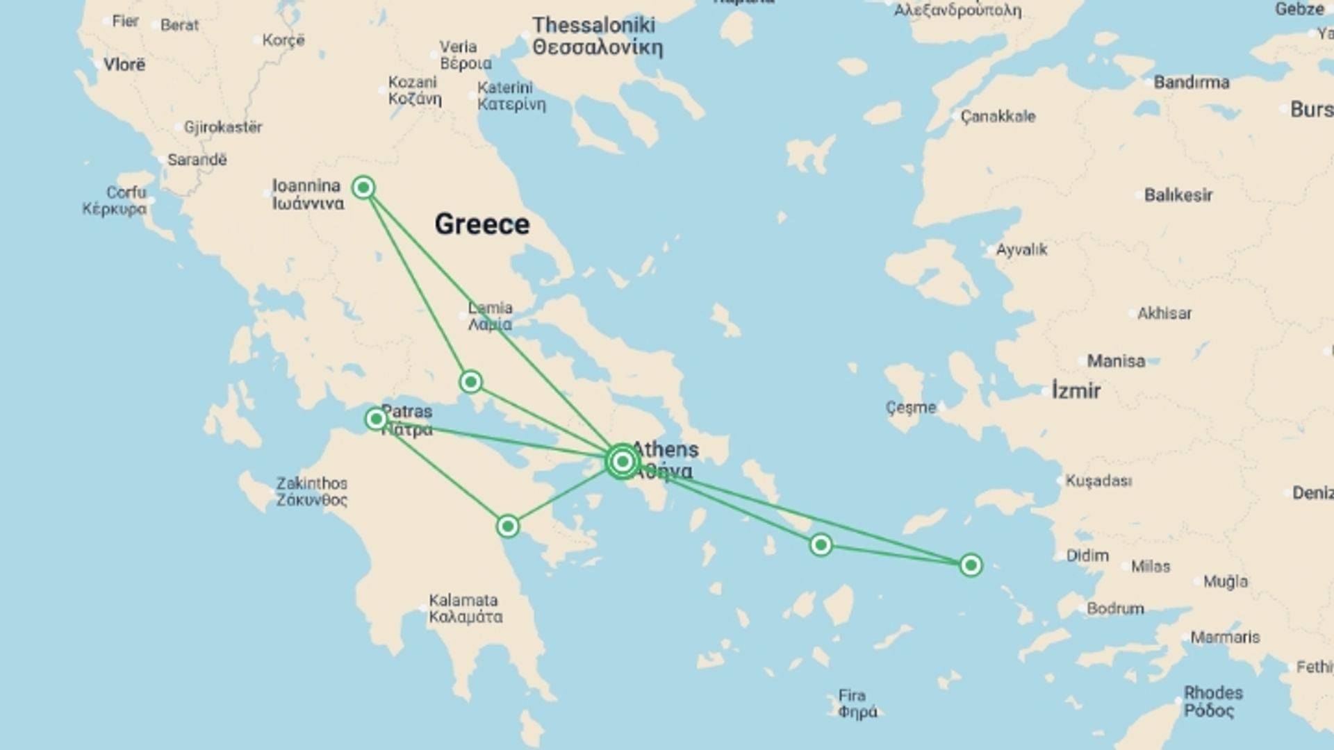 A map showing the tour itinerary for the trip: Athens, the Beautiful Aegean and Complete Greece Int, starting in Athens, Greece and ending in Athens, Greece going through 5 other destinations.