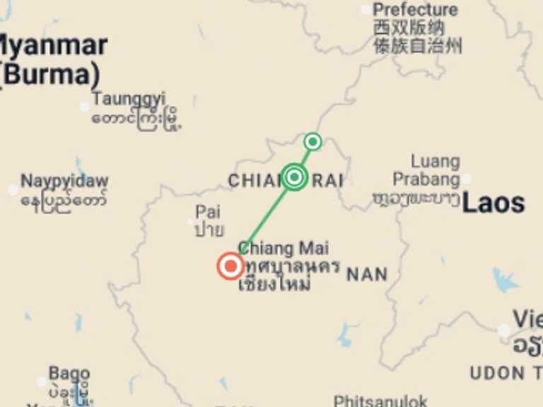 Map itinerary of Thailand Tour in August 2026 with 2 destination visits for the trip: The Best Of North Thailand, Small Group Tour (other Languages)