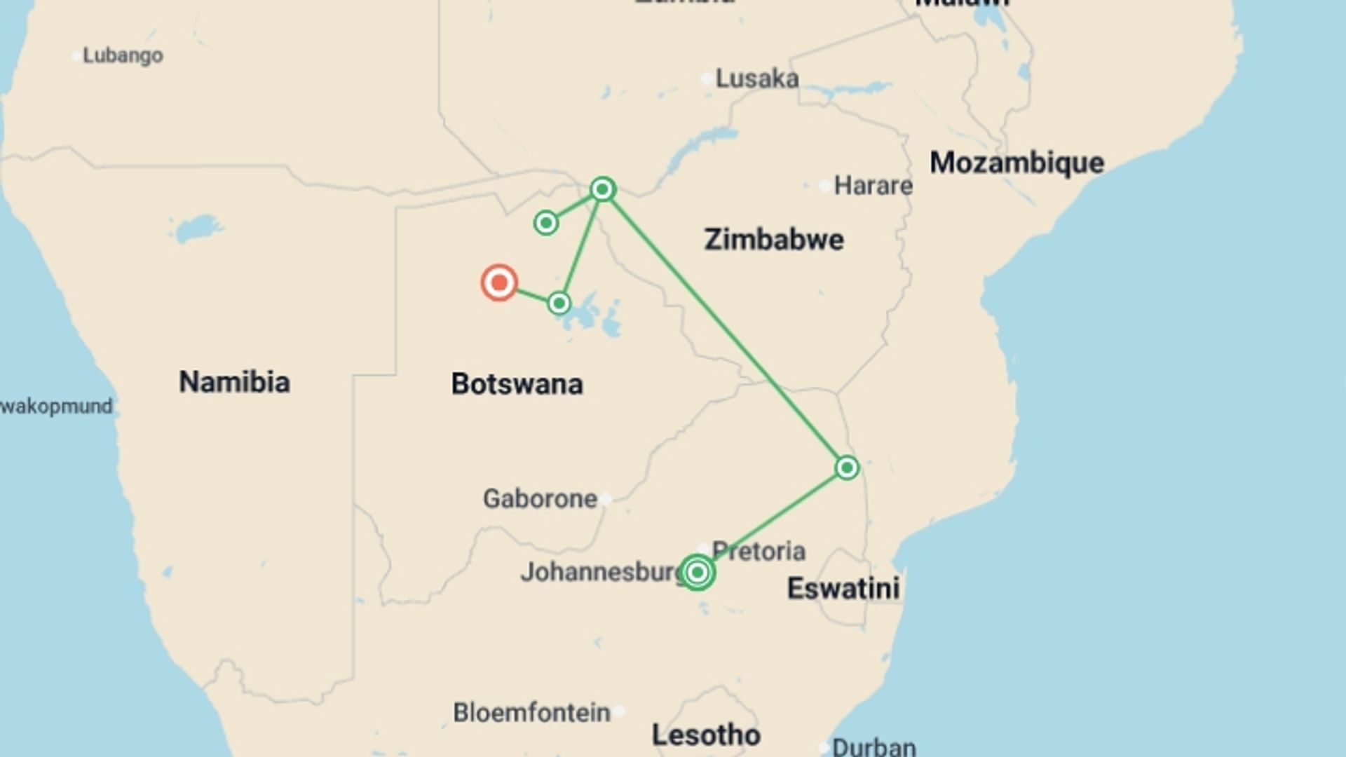A map showing the tour itinerary for the trip: Premium Southern Africa in Depth, starting in Johannesburg, South Africa and ending in Maun, Botswana going through 5 other destinations.