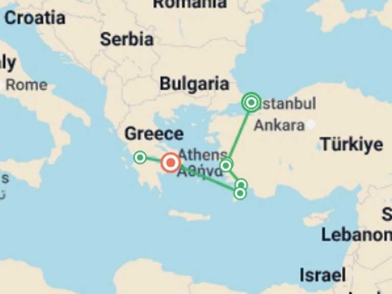 Map itinerary of Mediterranean Tour in October 2026 with 6 destination visits for the trip: Greco-Turkish Passion, Rhodes and Peloponnese End Athens