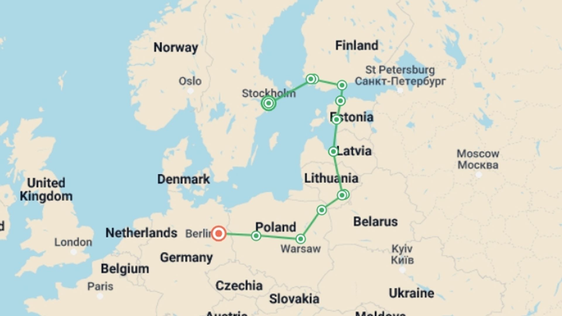 A map showing the tour itinerary for the trip: Nordic Capitals and Berlin, starting in Stockholm, Sweden and ending in Berlin, Germany going through 8 other destinations.
