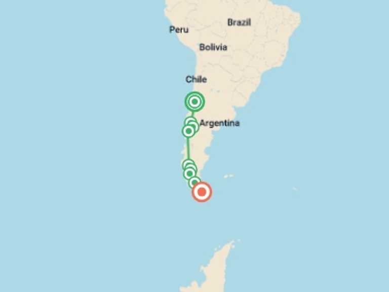 Map of South America Tour with 9 destination visits for the trip: Patagonia Overland: Santiago to Ushuaia