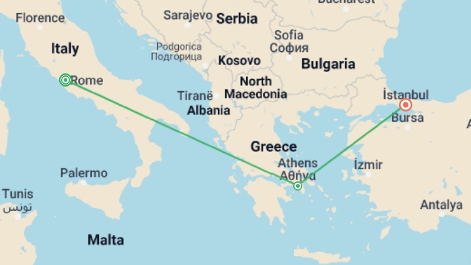 A map showing the tour itinerary for the trip: Rome Athens and Istanbul City Package, starting in Rome, Italy and ending in Istanbul, Turkey going through 1 other destinations.