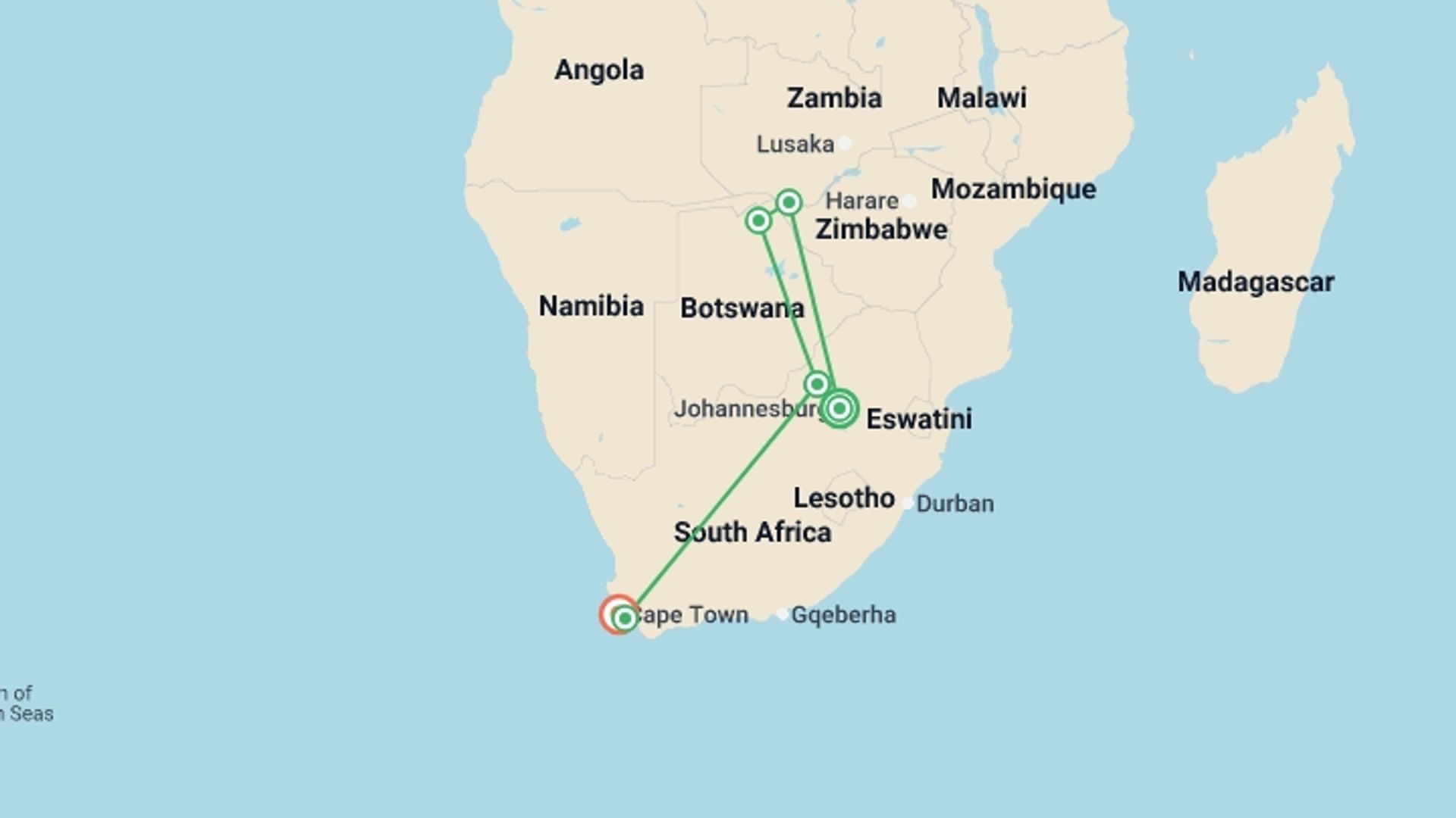 A map showing the tour itinerary for the trip: Exploring South Africa, Victoria Falls, and Botswana , starting in Johannesburg, South Africa and ending in Cape Town, South Africa going through 4 other destinations.