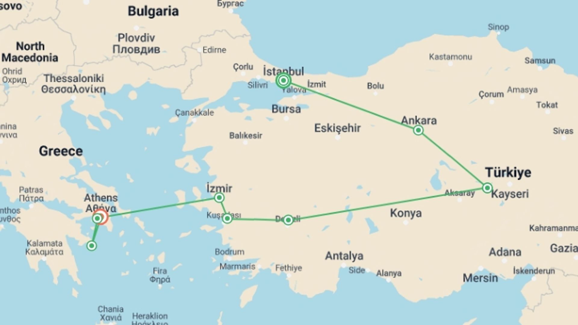 A map showing the tour itinerary for the trip: Flavours Of Turkey And Greece -iii-, starting in Istanbul, Turkey and ending in Athens, Greece going through 5 other destinations.