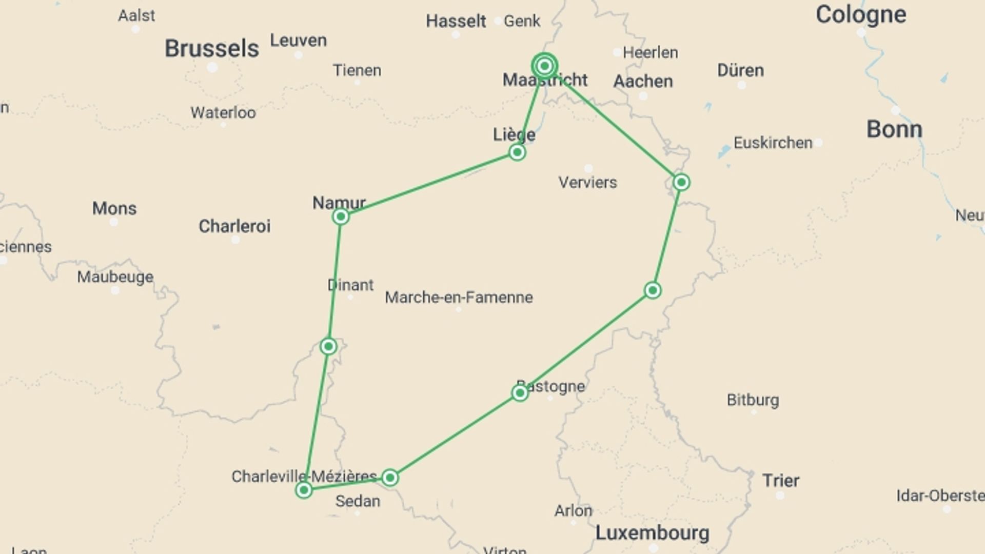 A map showing the tour itinerary for the trip: Five Countries Cycle, starting in Maastricht, Holland and ending in Maastricht, Holland going through 8 other destinations.