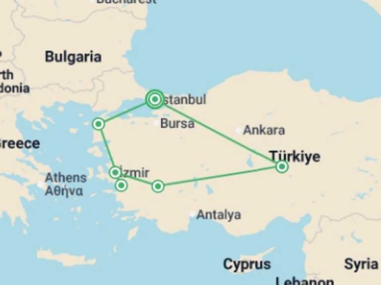 Map itinerary of Europe Tour in Fall with 6 destination visits for the trip: Turkey Encircled - 10 days