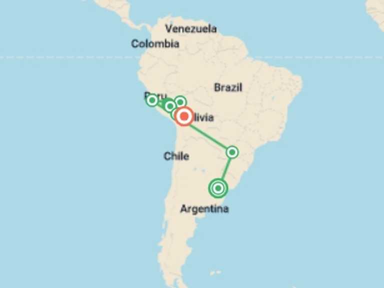 Map of Lima Adventure Tour with 10 destination visits for the trip: Best of South America