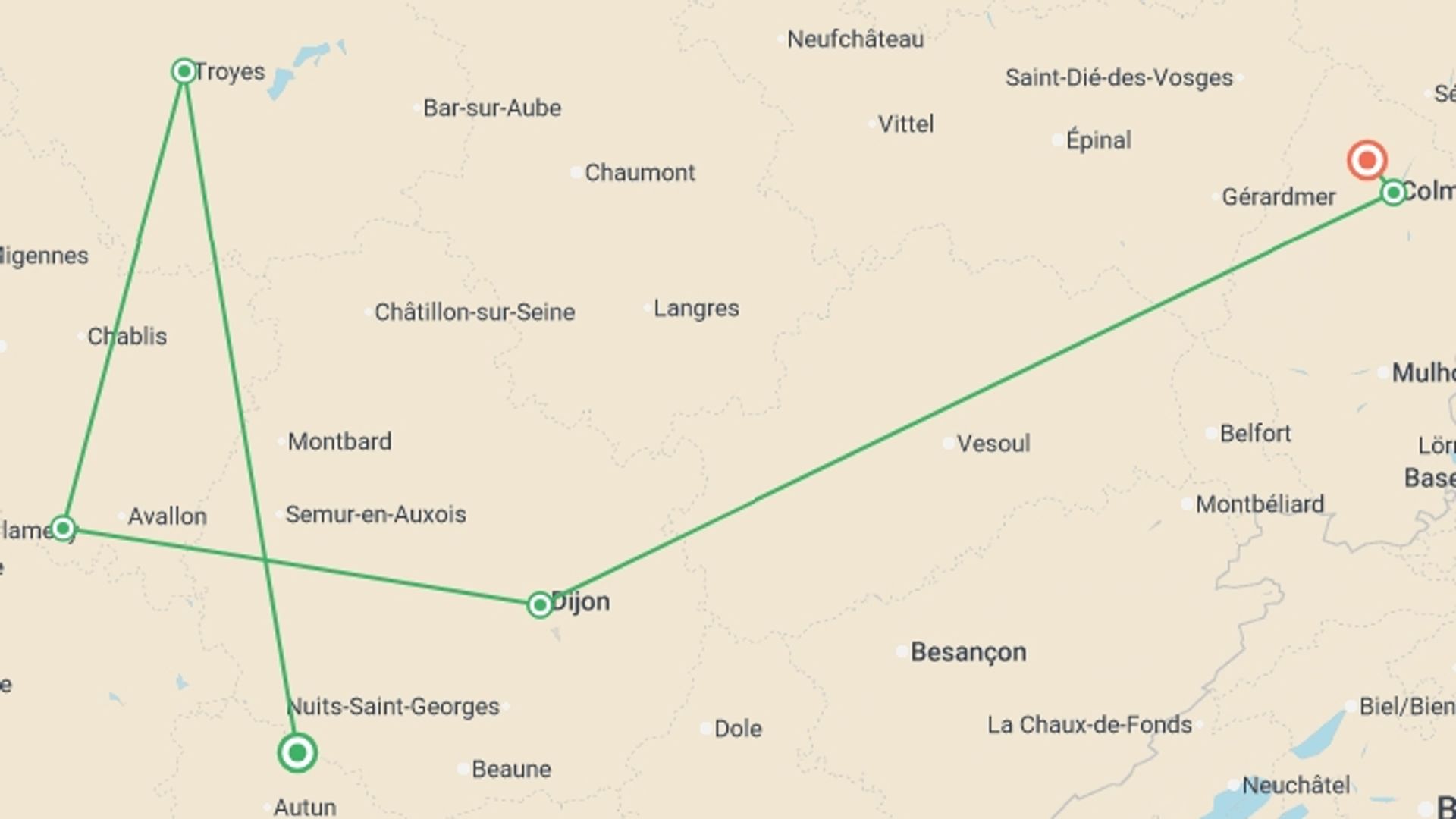 A map showing the tour itinerary for the trip: Discover Burgundy & Alsace – Premium Adventure, starting in Burgundy, France and ending in Saint-Hippolyte, near Colmar, Saint-Hippolyte, near Colmar going through 5 other destinations.