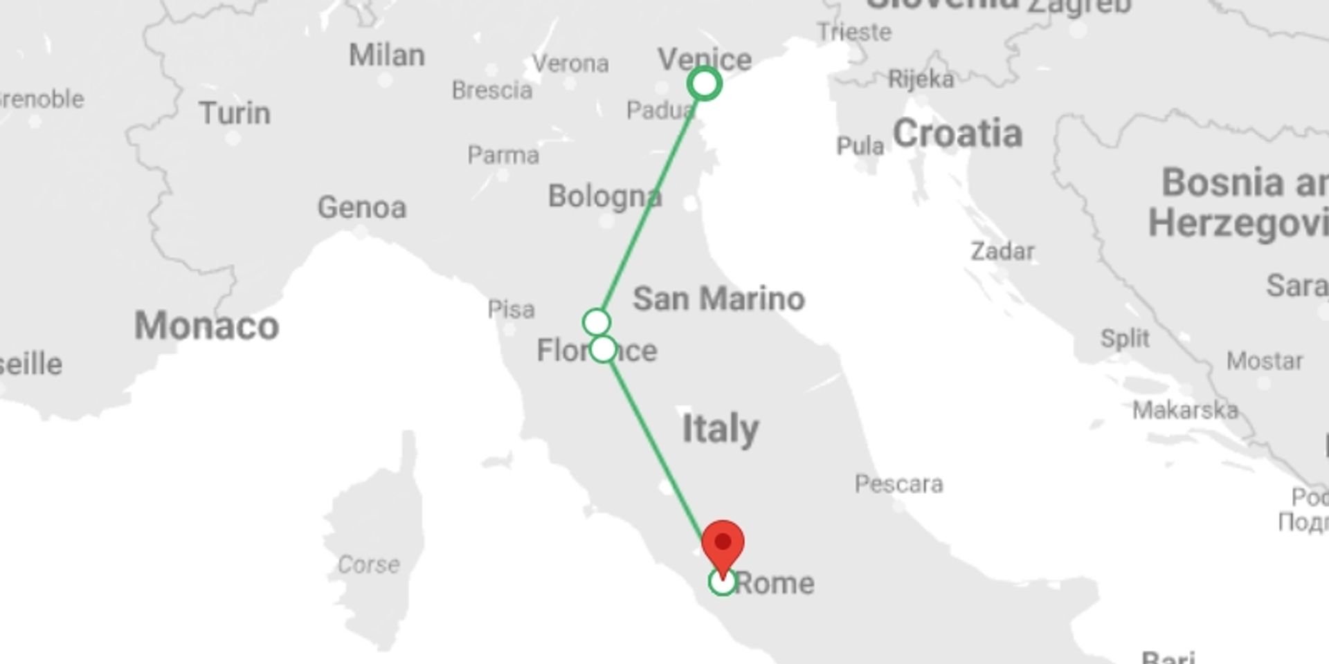 A map showing the tour itinerary for the trip: Art Cities of Italy, starting in undefined, Italy and ending in Rome, Italy going through 1 other destinations.