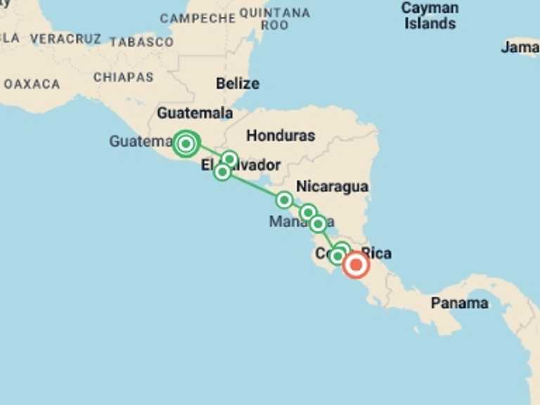 Map itinerary of San Jose Tour in March 2027 with 10 destination visits for the trip: Basic Central America: Guatemala to Costa Rica