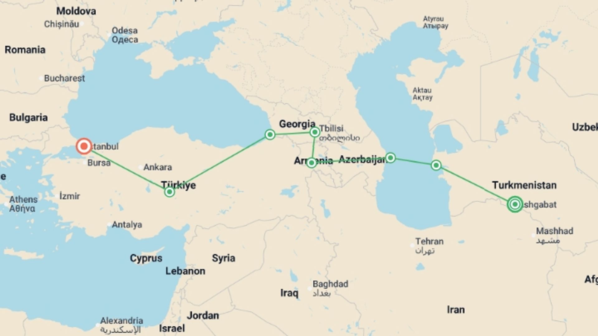 A map showing the tour itinerary for the trip: Ashgabat To Istanbul (40 Days), starting in Ashgabat, Turkmenistan and ending in Istanbul, Turkey going through 6 other destinations.